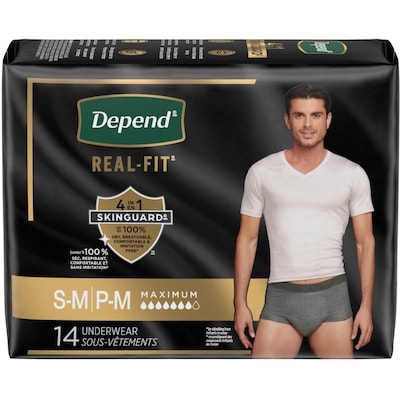 Depend Sous-vêtement d’incontinence jetable Real Fit pour hommes, absorption maximale, petit/moyen, noir et gris, 14 unités  14 ea, 1,29 $/1ch