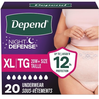 Depend Sous-vêtements d’incontinence et fuites urinaires post-partum pour femmes adultes Night Defense pour femmes, de nuit, taille XL, roses, 20 unités 20 ea, 1,60 $/1ch