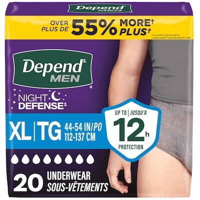 Depend Sous-vêtements d’incontinence pour adultes Night Defense pour hommes, jetables, de nuit, très grands, gris, 20 unités 20 ea, 1,60 $/1ch