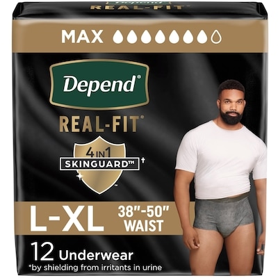 Depends Real Fit Incontinence Underwear for Men, Disposable, Maximum Absorbency, Large/Extra-Large, Black and Grey, 12 Count 12 ea, $1.50/1ea