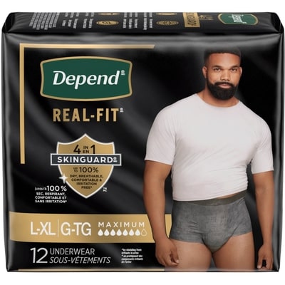 Depend Sous-vêtement d’incontinence jetable Real Fit pour hommes, absorption maximale, grande/très grand, noir et gris, 12 unités  12 ea, 1,50 $/1ch