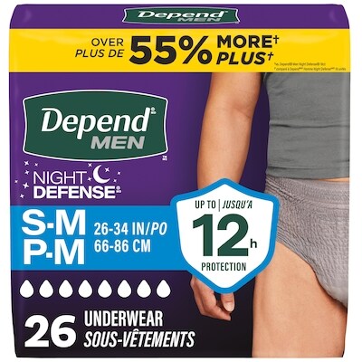 Depend Sous-vêtement d’incontinence pour adultes Night Defense pour hommes, jetables, de nuit, petits/moyens, gris, 26 unités 26 ea, 1,23 $/1ch