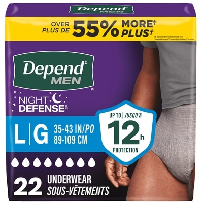 Depend Sous-vêtements d’incontinence pour adultes Night Defense pour hommes, jetables, de nuit, grands, gris, 22 unités 22 ea, 1,45 $/1ch