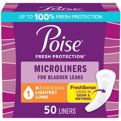 Poise Daily Microliners, Incontinence Panty Liners, 1 Drop Lightest Absorbency, Long Length, 50 Count of Pantiliners 50 ea, $0.18/1ea