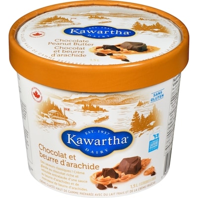 Kawartha Crème glacée haut de gamme préparée avec du lait frais et de la crème fraîche chocolat et beurre d'arachide 1.5 l, 0,67 $/100ml