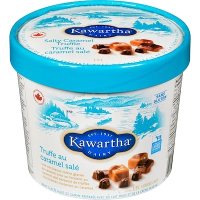 Kawartha Crème glacée haut de gamme préparée avec du lait frais et de la crème fraîche truffe au caramel salé 1.5 l, 0,67 $/100ml