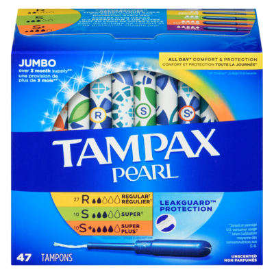 Tampax Tampons tampax pearl avec tresse anti-fuites leakguard, degré d’absorption régulier/super/super plus, emballage triple, non parfumés 47 ea, 0,37 $/1ch