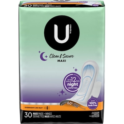 U by Kotex Serviettes maxi de nuit Clean & Secure avec ailes, 30 unités 30 ea, 0,33 $/1ch