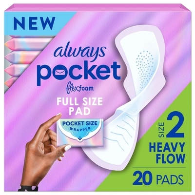 Always Pocket Feminine Pads with FlexFoam, Size 2, Heavy Flow, with Wings, Unscented, 20 Count 20 ea, $0.60/1ea