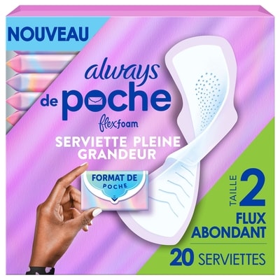 Always Serviettes Pocket, flux abondant, avec ailes, avec FlexFoam, taille 2, non parfumées, 20 serviettes 20 ea, 0,60 $/1ch