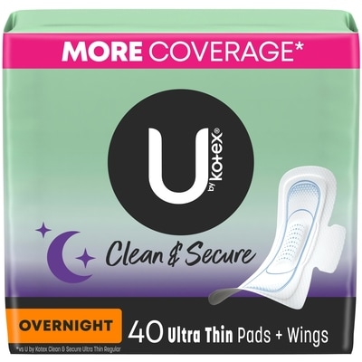 U by Kotex Clean & Secure Ultra Thin Overnight Pads with Wings, 40 Count 40 ea, $0.33/1ea