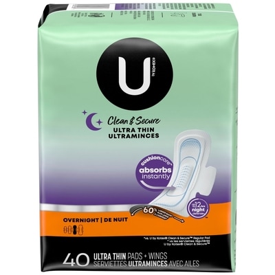 U by Kotex Serviettes ultraminces de nuit  Clean & Secure avec ailes, 40 unités. 40 ea, 0,33 $/1ch