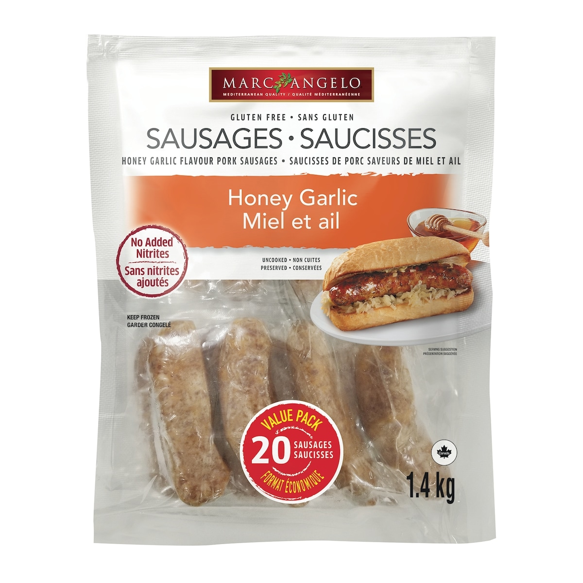 Marc Angelo Saucisses de porc à saveur de miel et ail - Format économique 1.4 kg, 1,07 $/100g