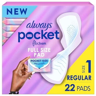 Always Pocket Feminine Pads with FlexFoam, Size 1, Regular, with Wings, Unscented, 22 Count 22 ea, $0.55/1ea