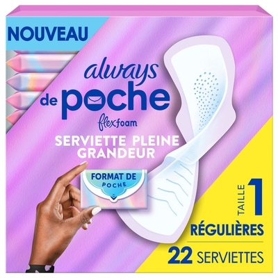 Always Serviettes Pocket, régulières, avec ailes, avec FlexFoam, taille 1, non parfumées, 22 serviettes 22 ea, 0,55 $/1ch