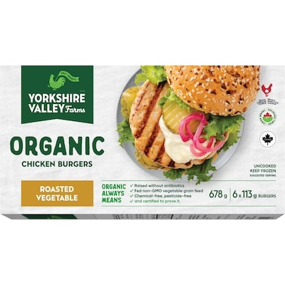 Yorkshire Valley Farms Organic Chicken Burgers, Roasted Vegetable 0.678 kg, $3.39/100g