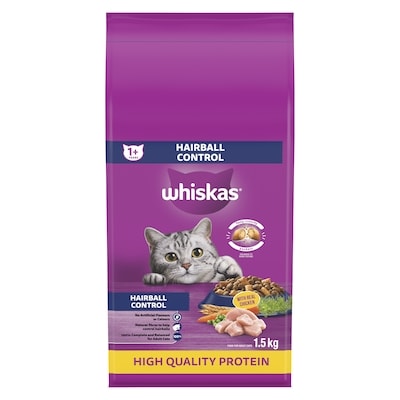 Whiskas Adult Dry Cat Food Hairball Control With Real Chicken 1.5 kg, $0.80/100g