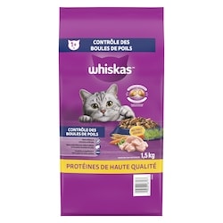 Whiskas Nourriture sèche pour chats adultes Whiskas Contrôle des boules de poils avec poulet véritable 1.5 kg, 0,80 $/100g