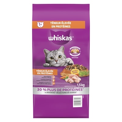Whiskas Nourriture sèche pour chats adultes teneur élevée en protéines avec poulet véritable 1.5 kg, 0,73 $/100g