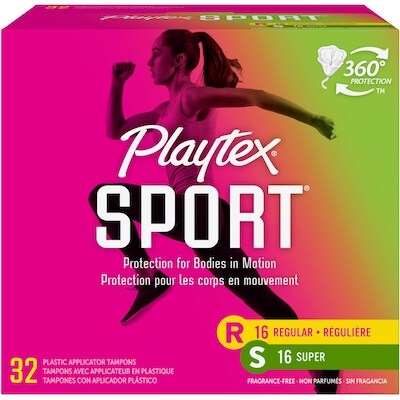 Playtex Multi-emballage de tampons non parfumés pour athlètes Sport à absorptivité régulière et super 32 ea, 0,31 $/1ch