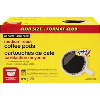No Name Medium Roast Coffee Pods Club Size 102 ea, $0.40/1ea
