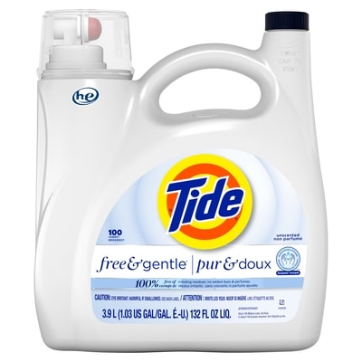 Tide Détergent à lessive liquide Free & Gentle, 100 brassées, 3,9 L (132 oz liq.) 3.9 l, 0,56 $/100ml