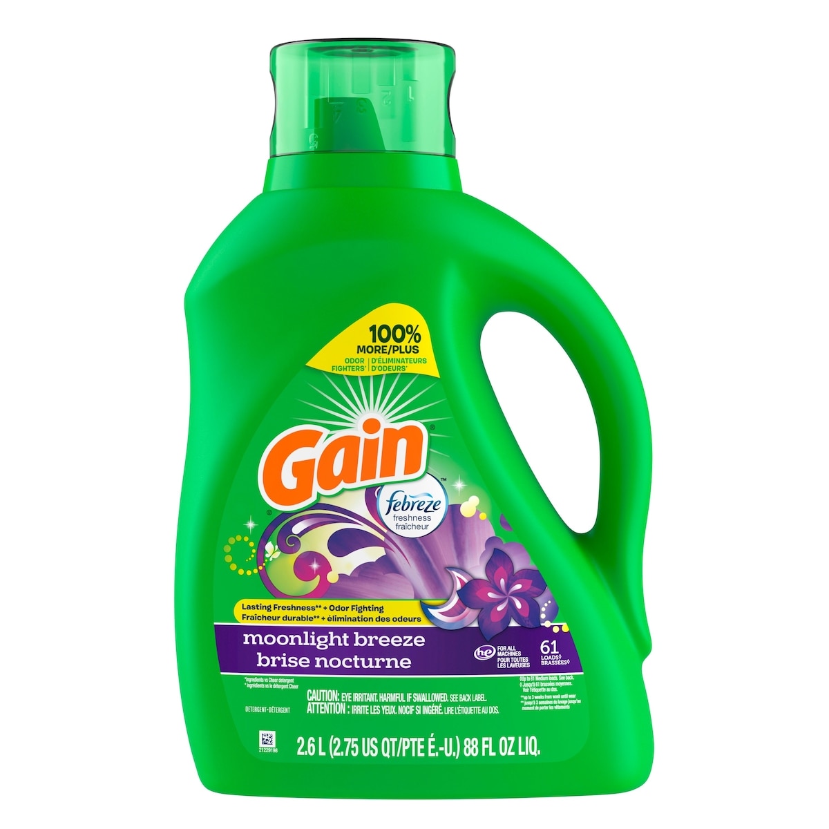 Gain Détergent à lessive liquide avec Aroma Boost, parfum Brise nocturne, compatible avec les laveuses HE, 61 brassées, 2,60 L (88 oz liq.) 2.6 l, 0,38 $/100ml