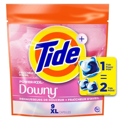 Tide Capsules de détergent à lessive 2 en 1 Power PODS avec rehausseurs de douceur, fraîcheur durable, parfum Fraîcheur d’avril, 9 capsules 397 g, 1,76 $/100g