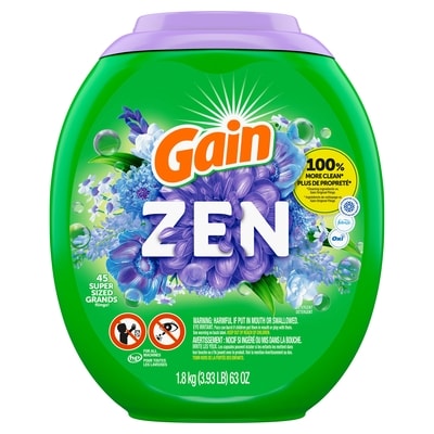 Gain Capsules de détergent à lessive Flings grande taille, 3 en 1 avec et Oxi, parfum Zen, 45 capsules 1.99 kg, 1,11 $/100g