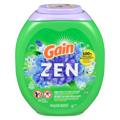 Gain Capsules de détergent à lessive Flings grande taille, 3 en 1 avec et Oxi, parfum Zen, 45 capsules 1.99 kg, 1,46 $/100g