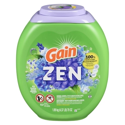 Gain Capsules de détergent à lessive Flings grande taille, 3 en 1 avec et Oxi, parfum Zen, 45 capsules 1.99 kg, 1,26 $/100g