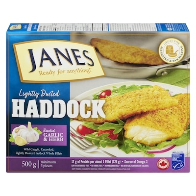 Janes Lightly Dusted Haddock Roasted Garlic & Herb 500 g, $3.50/100g