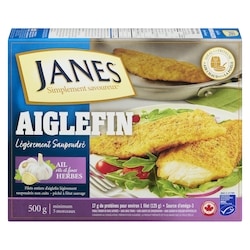 Janes Aiglefin légèrement saupoudré ail rôti et fines herbes 500 g, 3,60 $/100g