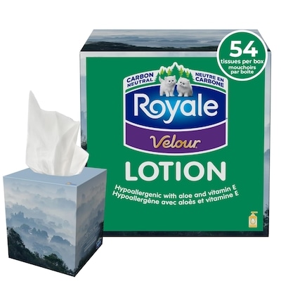 Royale Velour Lotion Facial Tissue, 1 Cube Box, 54 Tissues per box 54 ea, $0.07/1ea