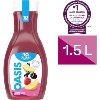 Oasis Limonade Baies 10 calories 1.5 l, 0,37 $/100ml