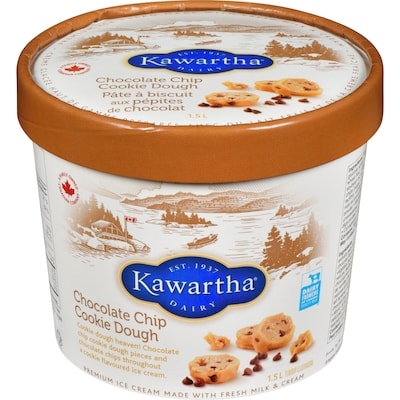 Kawartha Premium Ice Cream Made With Fresh Milk & Cream Chocolate Chip Cookie Dough 1.5 l, $0.63/100ml