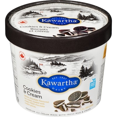 Kawartha Premium Ice Cream Made With Fresh Milk & Cream Cookies & Cream 1.5 l, $0.63/100ml