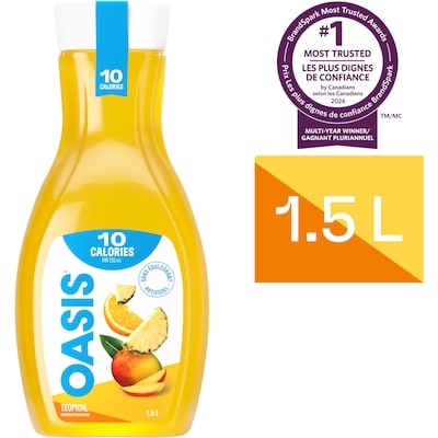 Oasis Breuvage Tropical 10 calories 1.5 l, 0,37 $/100ml