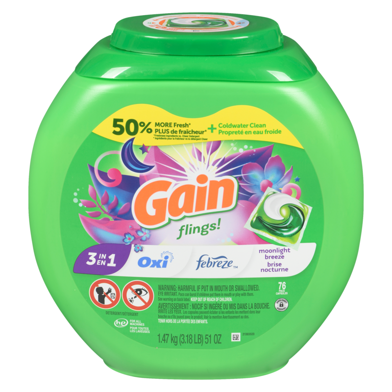 flings Laundry Detergent Soap Pacs, HE Compatible, 76 ct, Long Lasting Scent, Moonlight Breeze