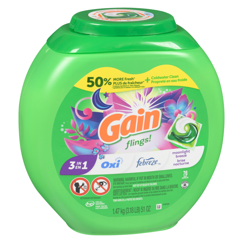 flings Laundry Detergent Soap Pacs, HE Compatible, 76 ct, Long Lasting Scent, Moonlight Breeze