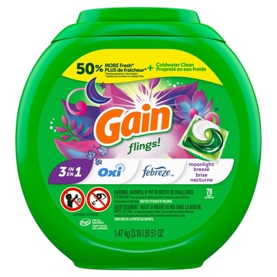 Gain Capsules de détergent à lessive flings, compatible avec les laveuses HE, 75 capsules, parfum Brise nocturne longue durée 1.54 kg, 1,43 $/100g