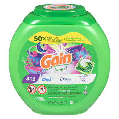 Gain Capsules de détergent à lessive flings, compatible avec les laveuses HE, 75 capsules, parfum Brise nocturne longue durée 1.54 kg, 1,88 $/100g