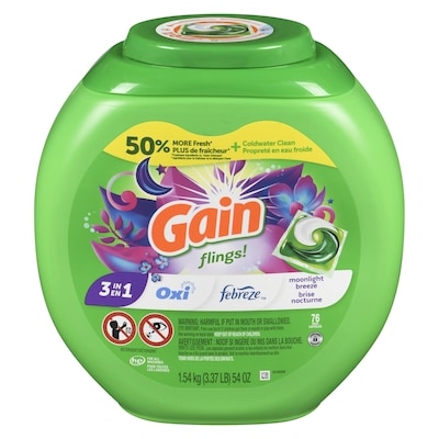 Gain Capsules de détergent à lessive flings, compatible avec les laveuses HE, 75 capsules, parfum Brise nocturne longue durée 1.54 kg, 1,85 $/100g