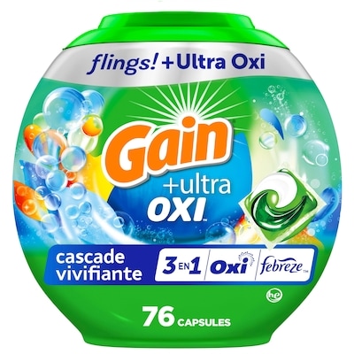 Gain Capsules de détergent à lessive flings Ultra Oxi, compatible avec les laveuses HE, 3 en 1, parfum vivifiante, 76 capsules 1.54 kg, 1,43 $/100g