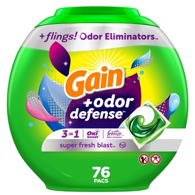 Gain flings Laundry Detergent Pacs with Odor Defense, HE Compatible, 76 Ct, 3in1 Detergent Pacs with and Oxi, Super Fresh Blast Scent 1.54 kg, $1.43/100g