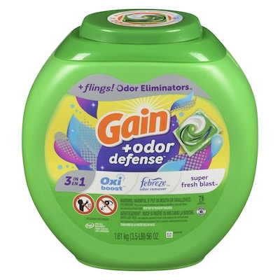 Gain flings Laundry Detergent Pacs with Odor Defense, HE Compatible, 76 Ct, 3in1 Detergent Pacs with and Oxi, Super Fresh Blast Scent 1.54 kg, $1.62/100g