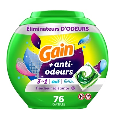 Gain Capsules de détergent à lessive flings avec Odor Defense, capsules de détergent 3 en 1 avec et Oxi, parfum Explosion de fraîcheur, compatible avec les laveuses HE, 76 capsules 1.54 kg, 1,43 $/100g