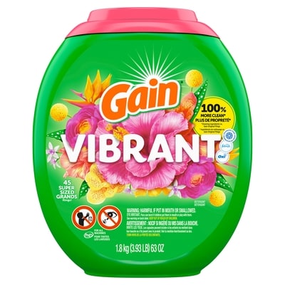 Gain Capsules de détergent à lessive Flings grande taille, 3 en 1 avec et Oxi, parfum Vibrant, 45 capsules 1.99 kg, 1,11 $/100g