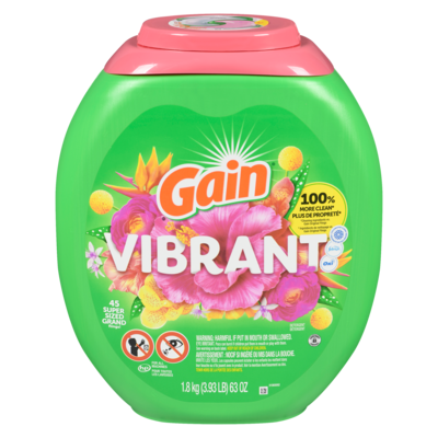 Gain Capsules de détergent à lessive Flings grande taille, 3 en 1 avec et Oxi, parfum Vibrant, 45 capsules 1.99 kg, 1,46 $/100g