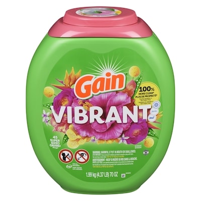 Gain Capsules de détergent à lessive Flings grande taille, 3 en 1 avec et Oxi, parfum Vibrant, 45 capsules 1.99 kg, 1,26 $/100g